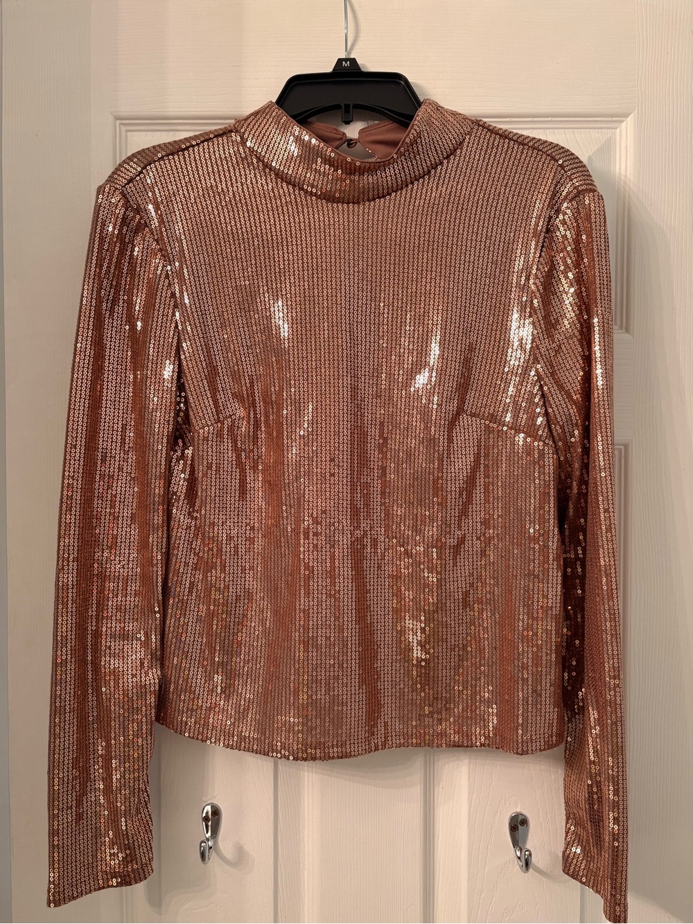 Nine West Rose Gold Sequin Mock Neck Long Sleeve Top